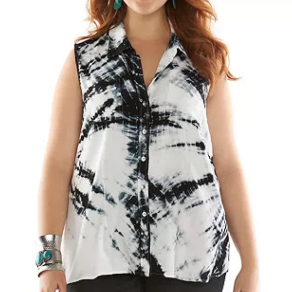 🔴 4/$15 Rock & Republic B&W tie dye sleeveless button down shirt sz XL in EUC